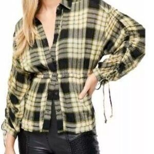 Free People Top Green Black Plaid - Large - Frayed 3/4 Sleeve Collared NWOT